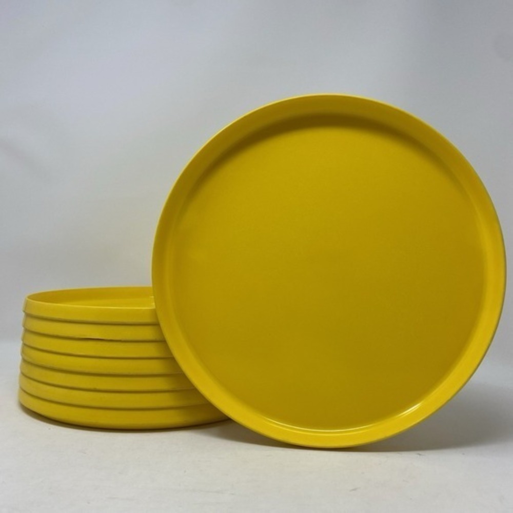 Vtg 70s Oblique by PMC SET 8 Plates Yellow Melamine Lunch Dinner Size Stackable